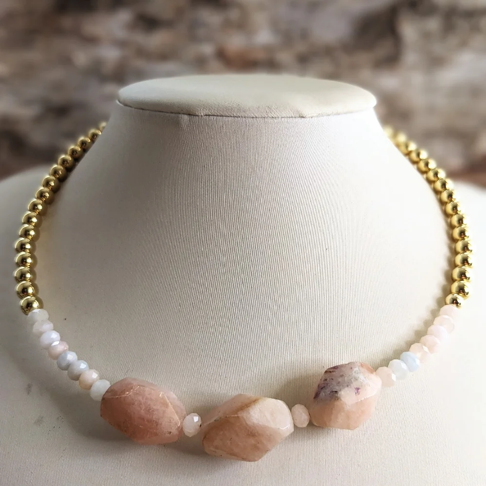 Natural Large Morganite Nugget & Beads With Gold Beads In Choker/Necklace